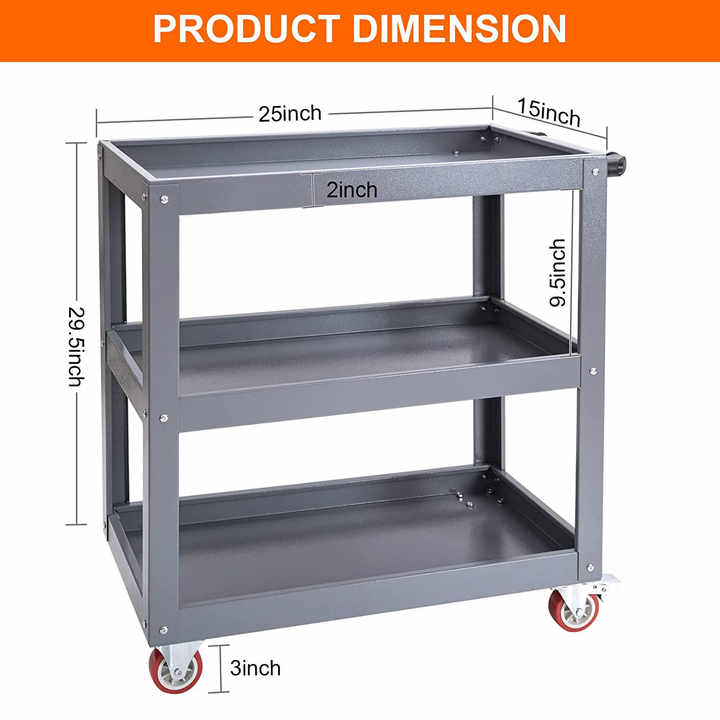 3-Tier Utility Rolling Tool Storage Cart with Lockable Wheels