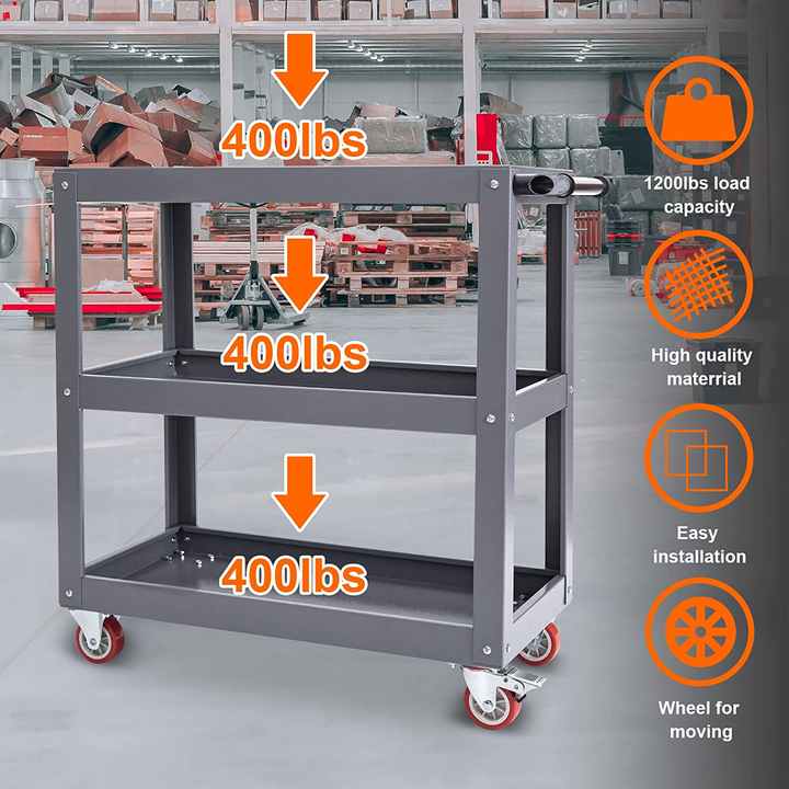 3-Tier Utility Rolling Tool Storage Cart with Lockable Wheels